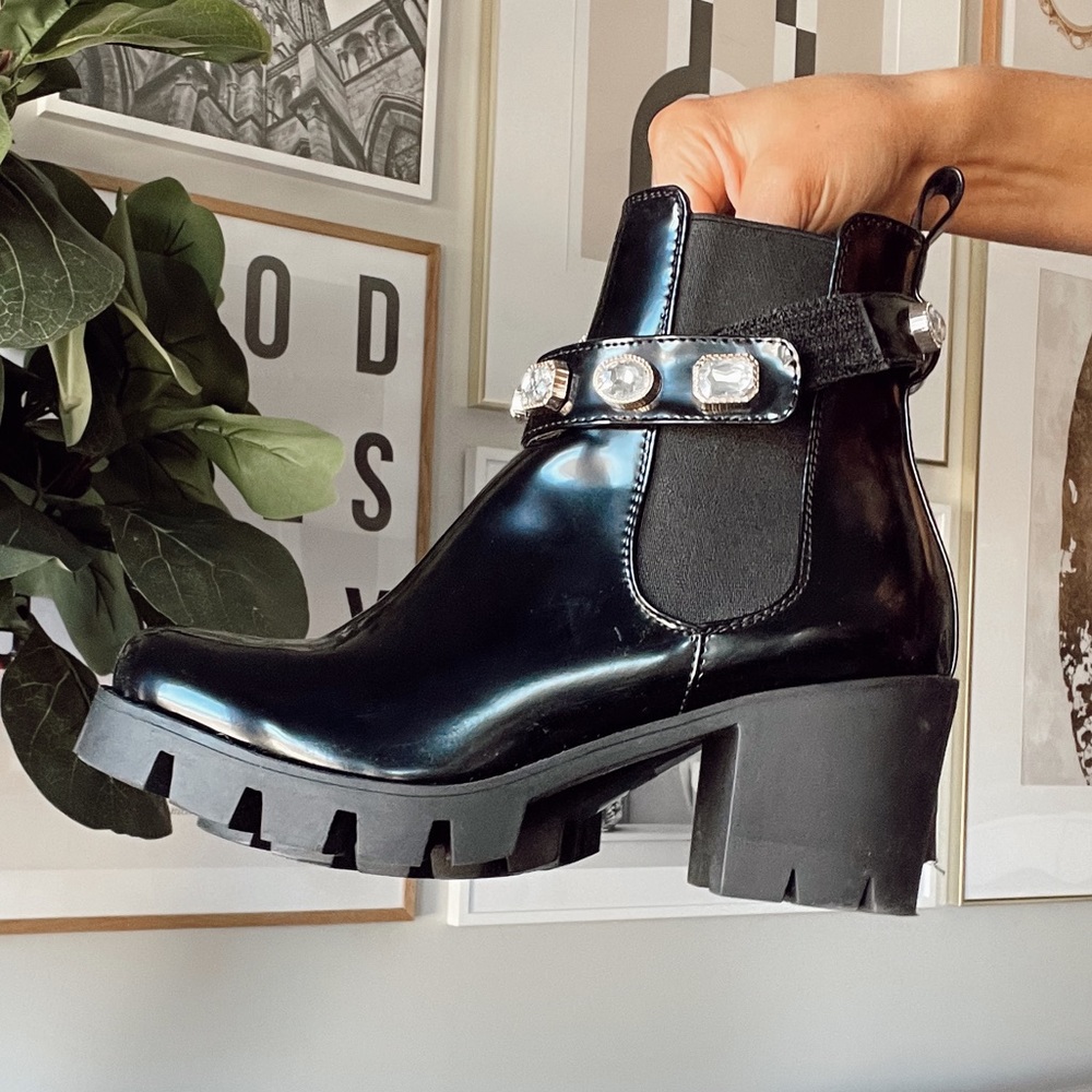 BLACK BOOTIES WITH RHINESTONE ANKLE STRAP